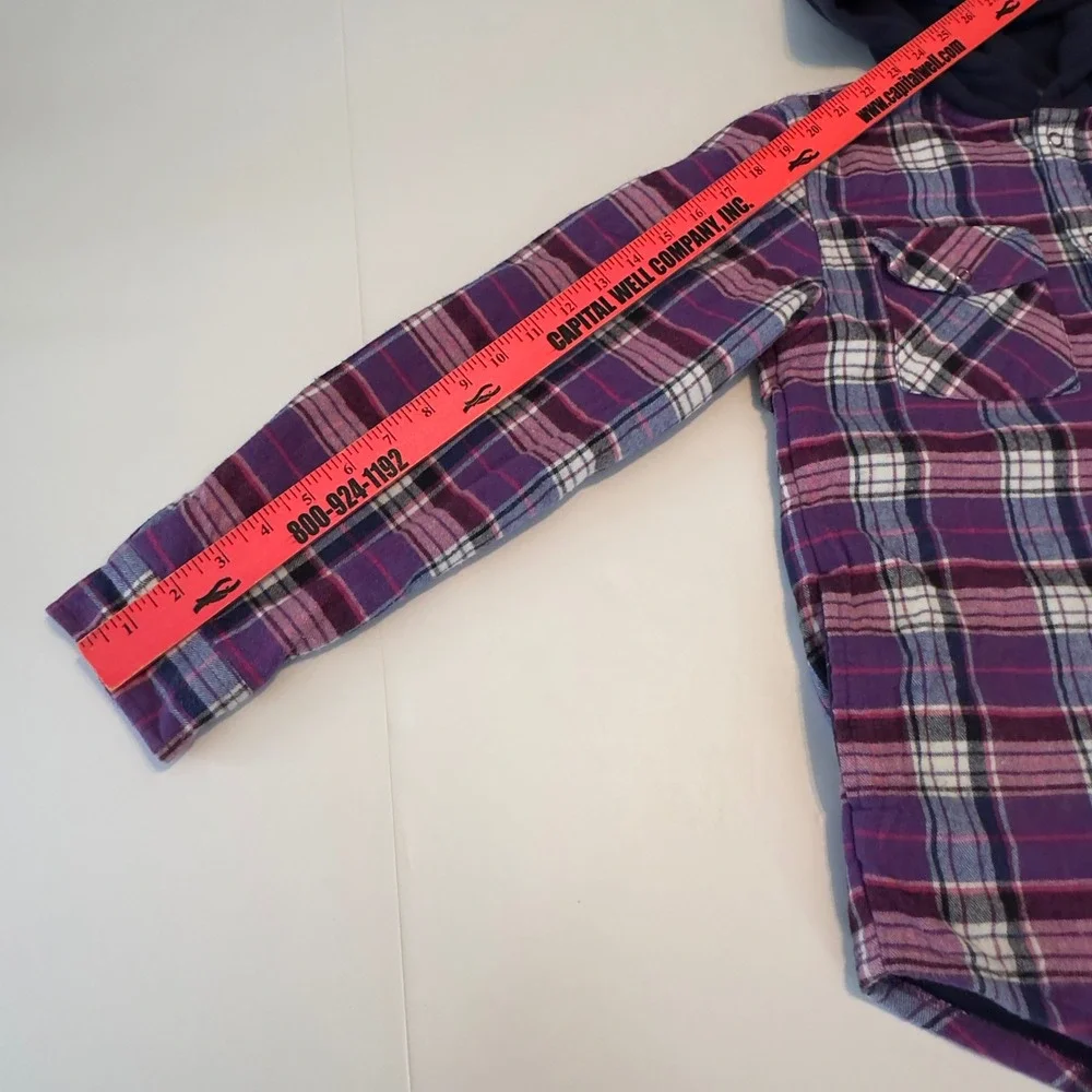 LL Bean Kid Purple Plaid Fleece Lined Hooded Flannel Shirt Jacket M 10-12 502123